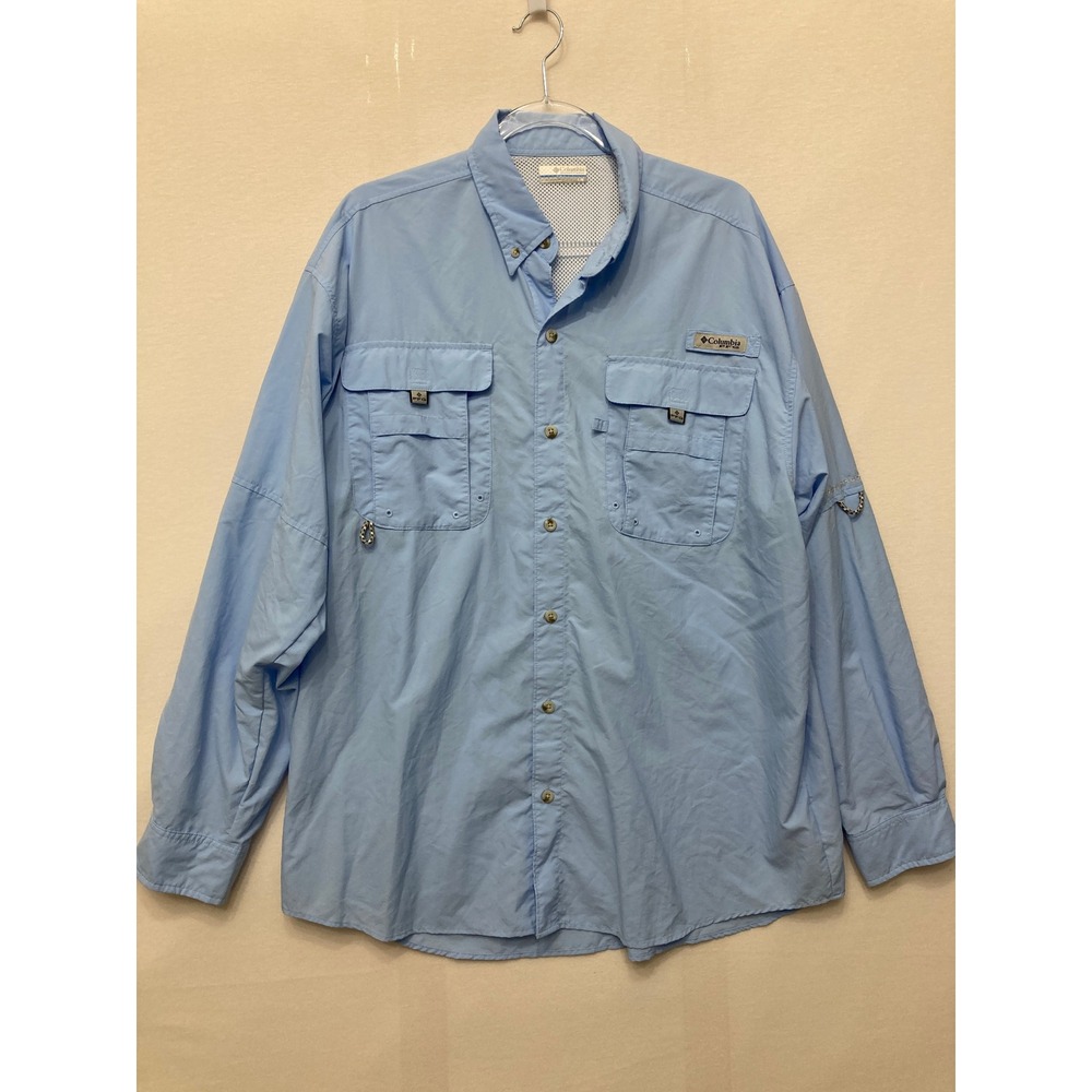 Columbia PFG Fishing Shirt Large Blue Long Sleeve Omni-Shade Outdoor Utility